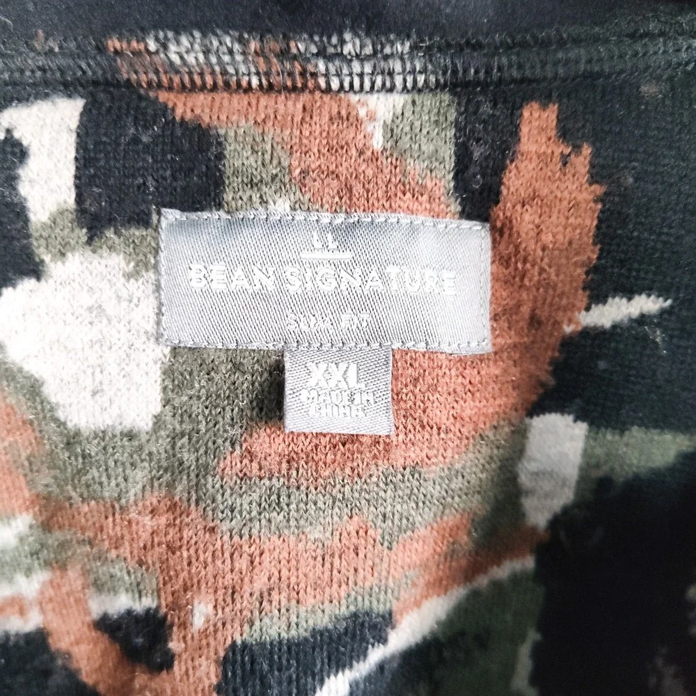 LL‎ Bean Signature Fleece Pullover Size XXL High Pile 1/2 Zip Camo Black Green